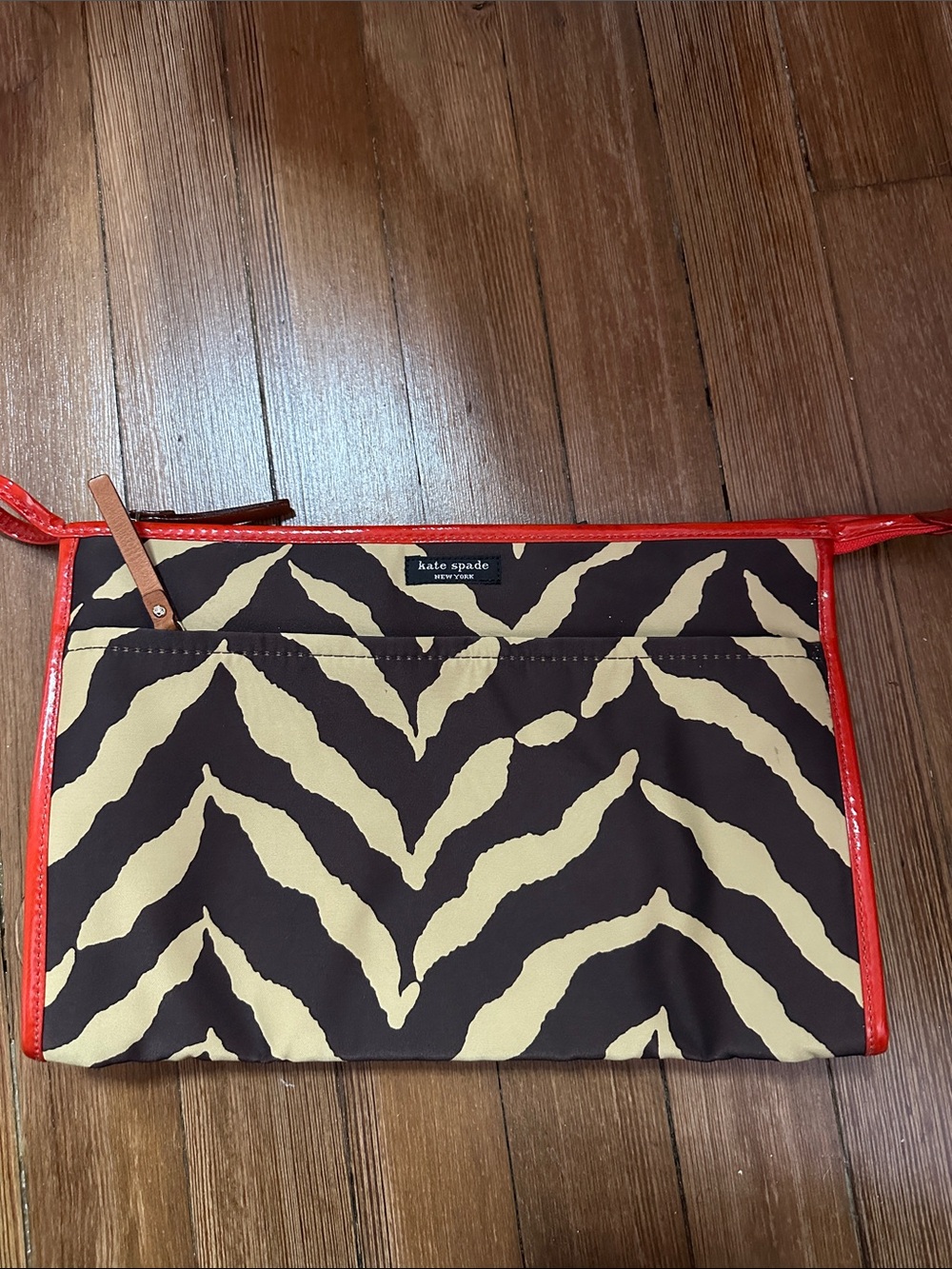 NWOT Kate Spade NY Zebra-Print Wristlet Clutch in Dark Brown, Cream & Red Trim